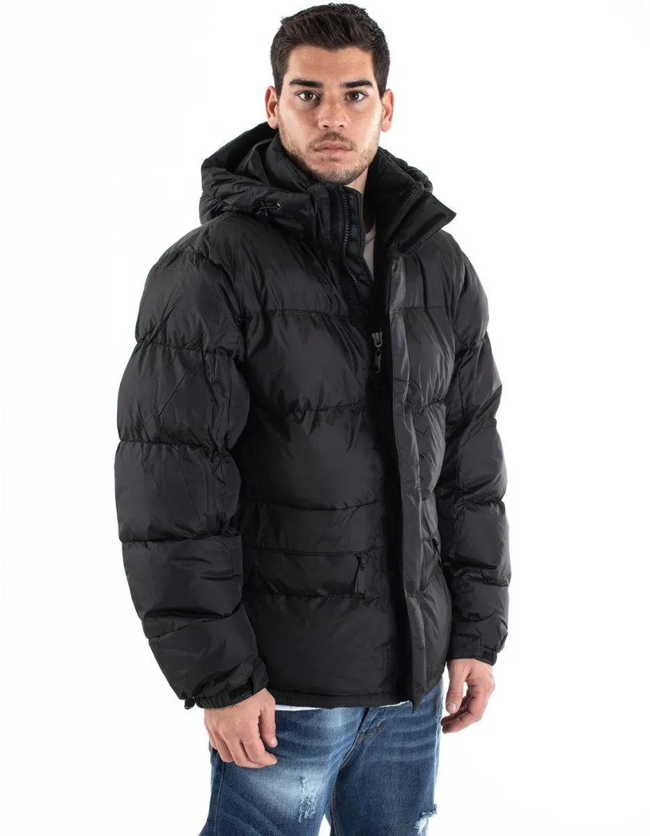 Giubbotto Uomo Bomber Tinta Unita Nero Cappuccio Puffer Imbottito GIOSAL-G2937A