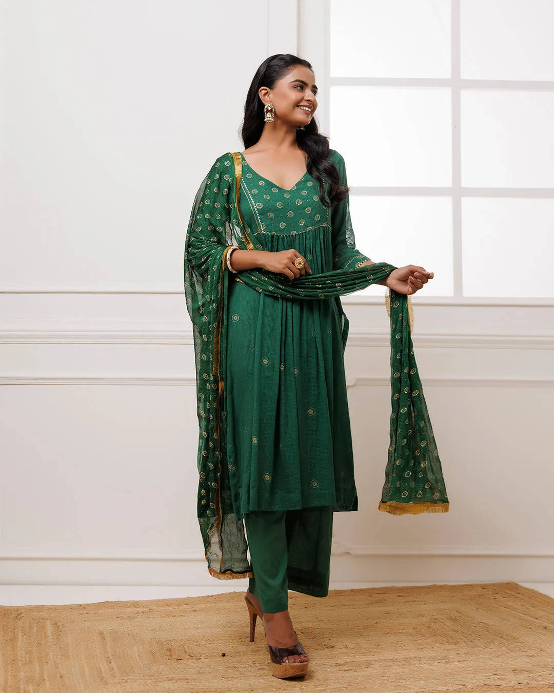 Green Rogan Print Suit  Set