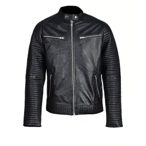 Haworths moto style leather jacket with ribbed stitched sleeves