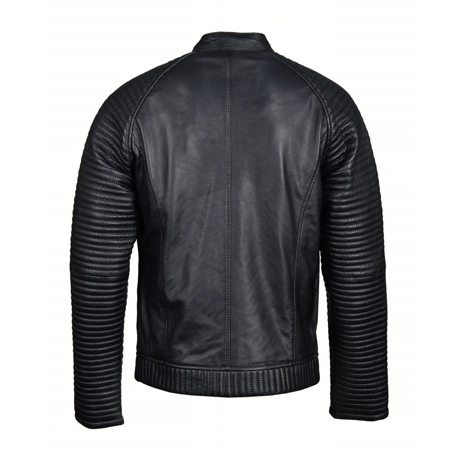 Haworths moto style leather jacket with ribbed stitched sleeves