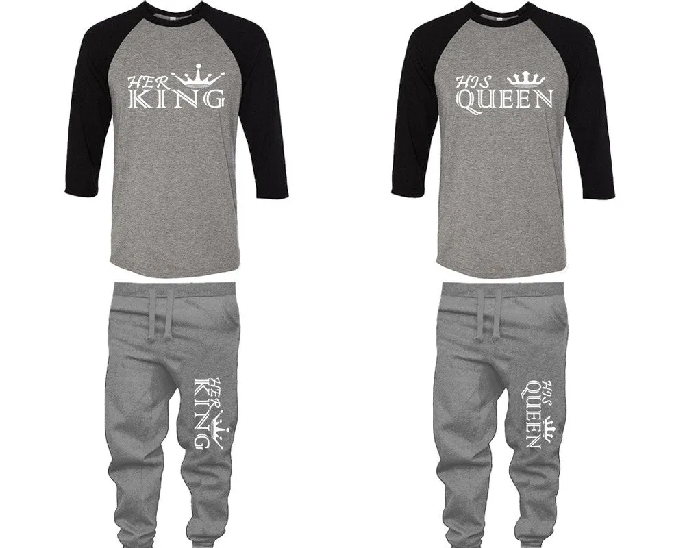 Her King His Queen Couple Matching Baseball Shirts and Jogger Pants Top Bottom Sets