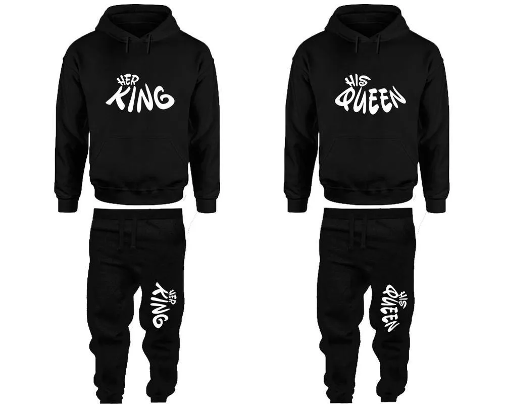 Her King His Queen Couple Pullover Hoodie and Jogger Pants, Matching Top Bottom Sets