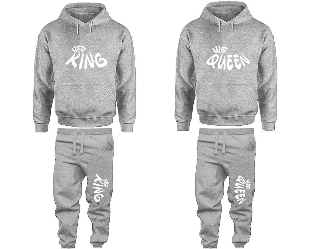 Her King His Queen Couple Pullover Hoodie and Jogger Pants, Matching Top Bottom Sets