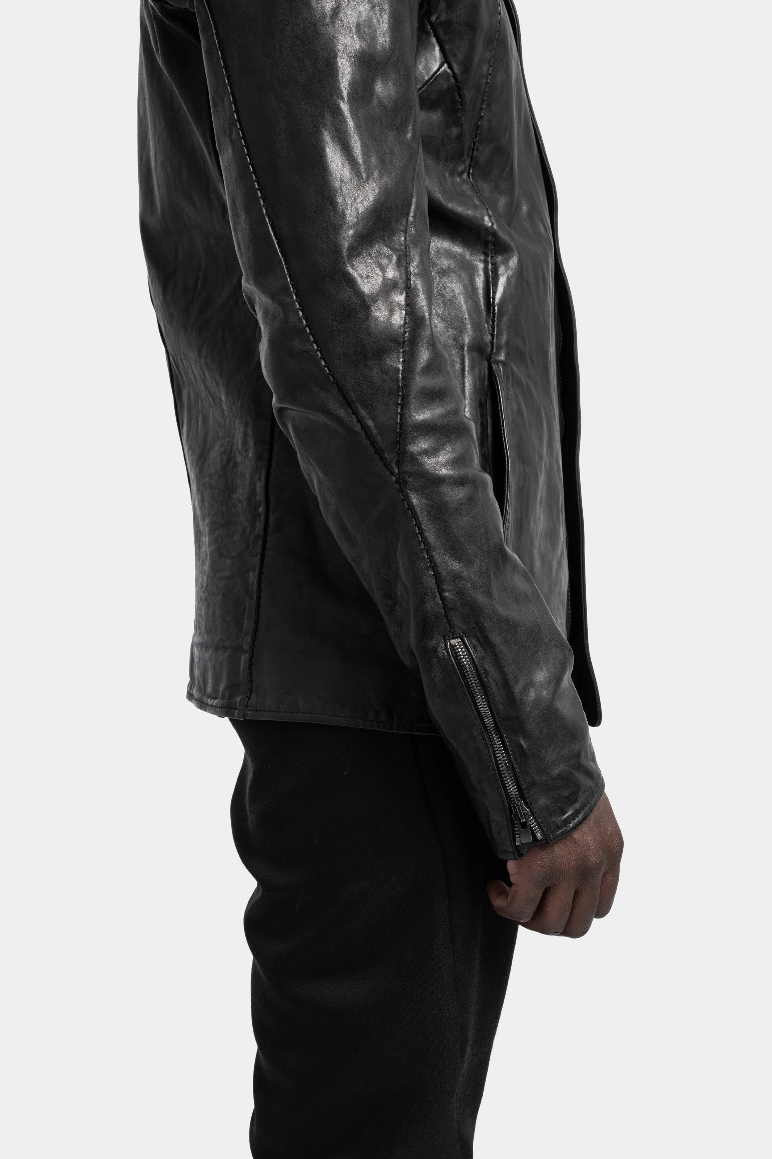 High neck hidden zip leather jacket