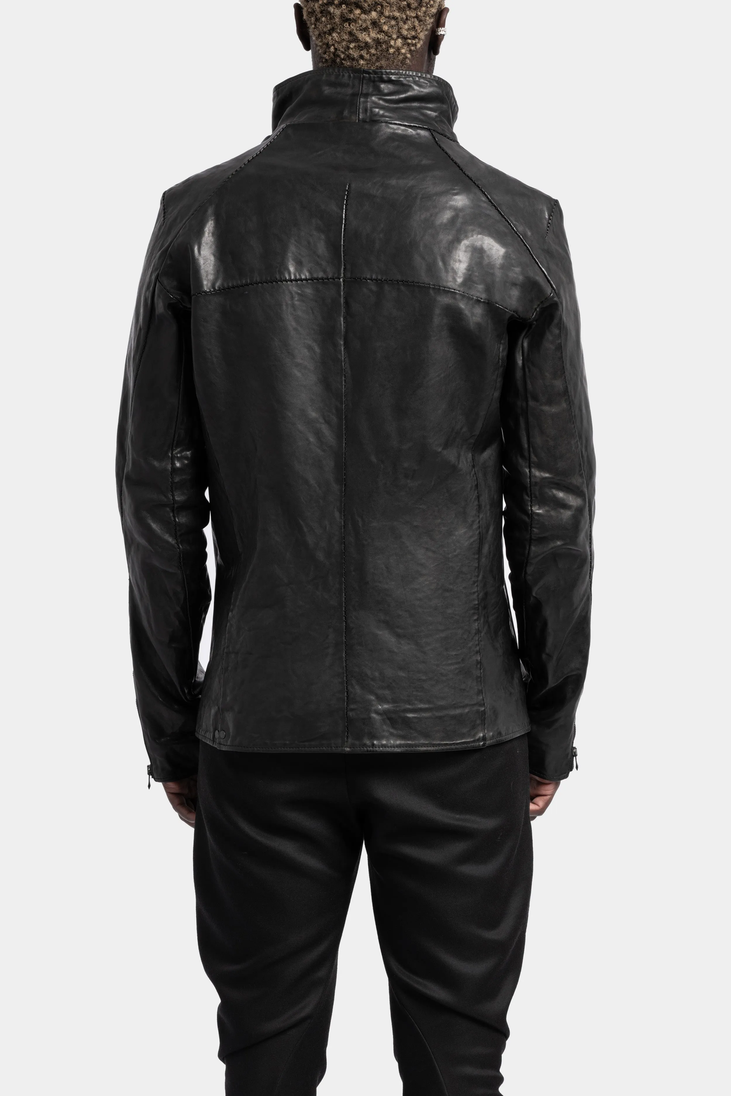 High neck hidden zip leather jacket