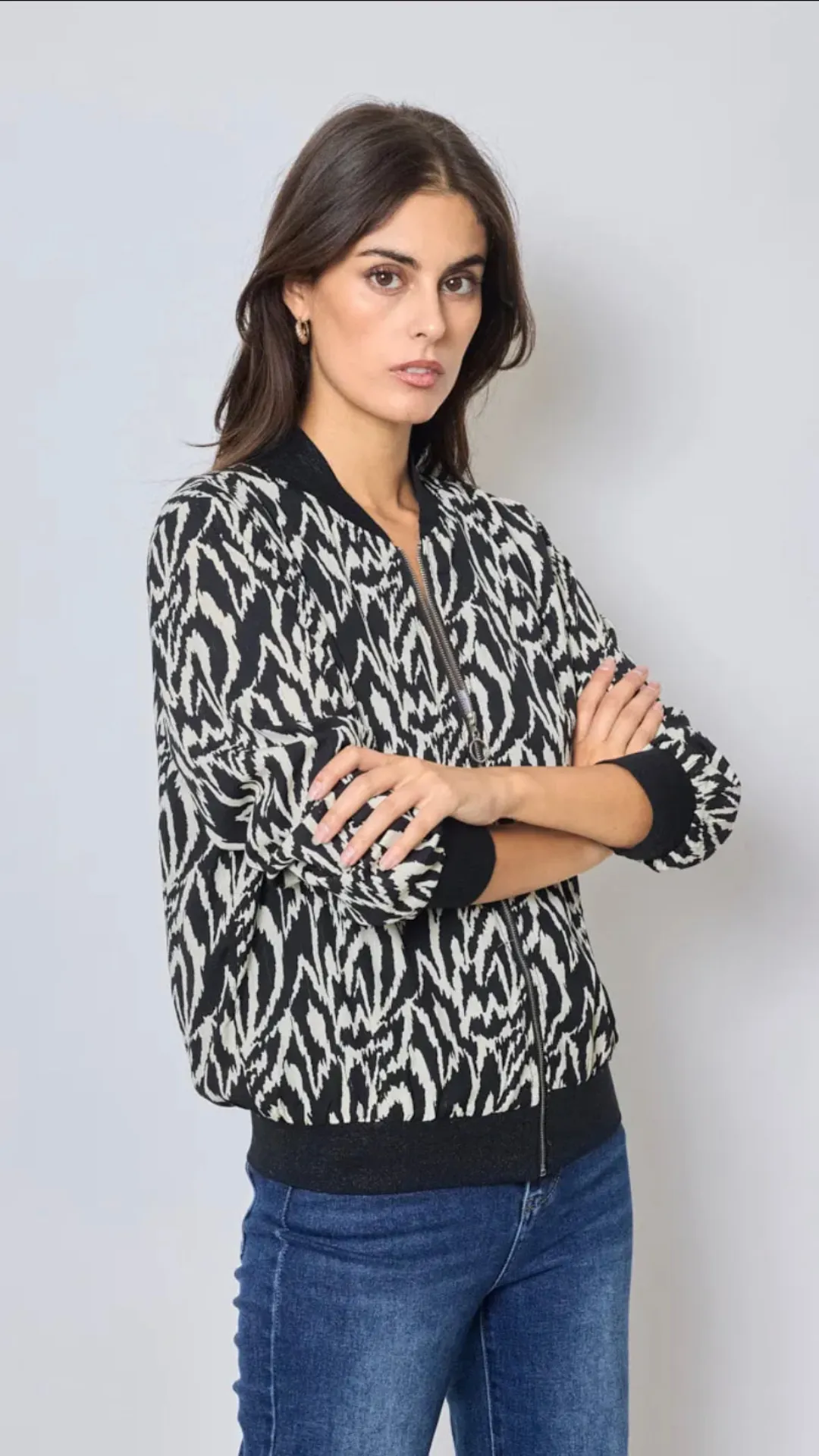 Holly- Black/Beige Print Zipped Bomber Jacket