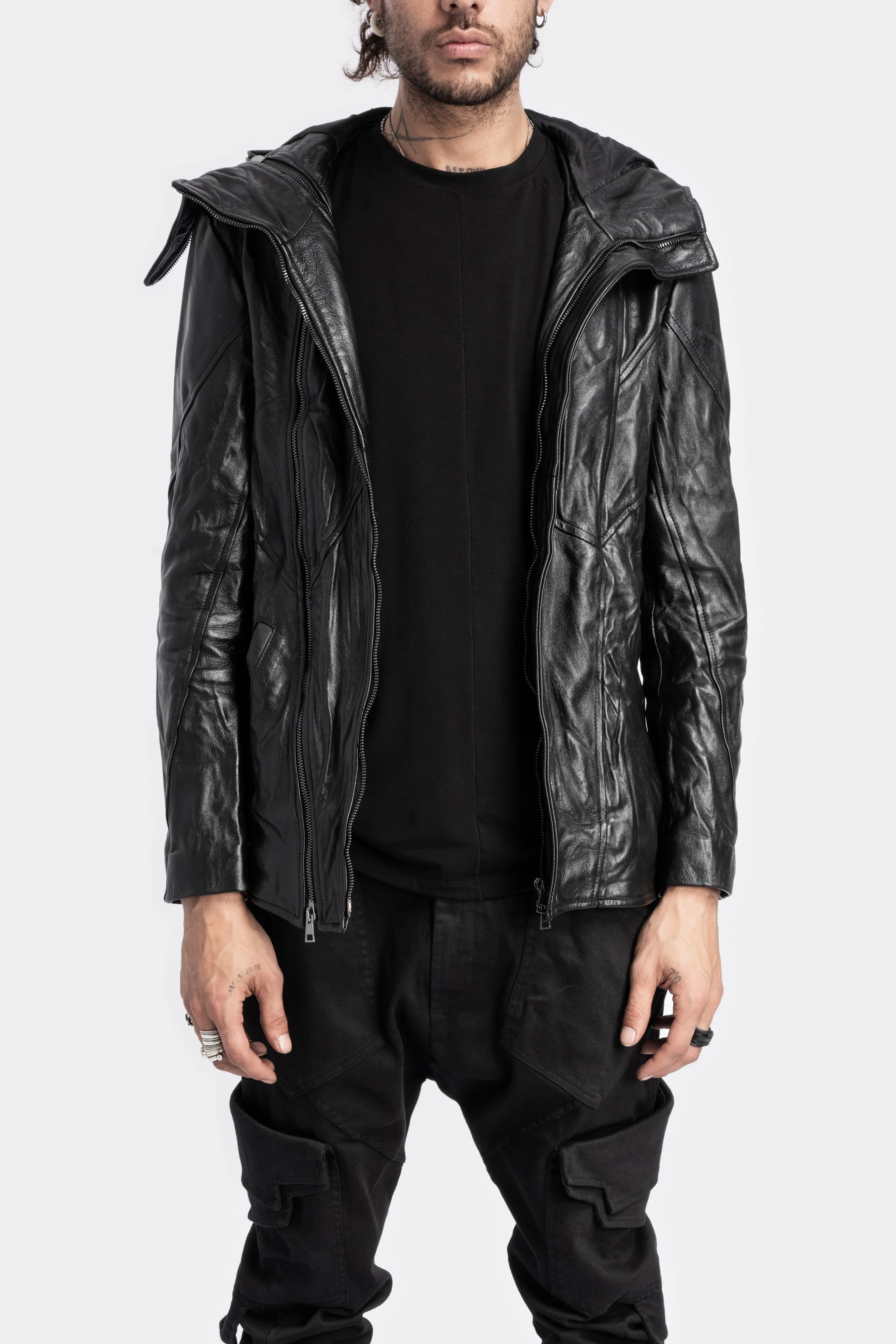 Hooded asymmetric leather jacket