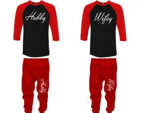 Hubby Wifey Couple Matching Baseball Shirts and Jogger Pants Top & Bottom Sets