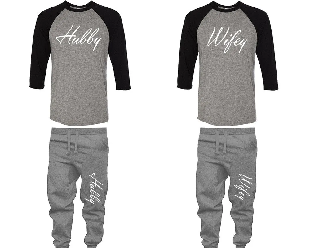 Hubby Wifey Couple Matching Baseball Shirts and Jogger Pants Top & Bottom Sets