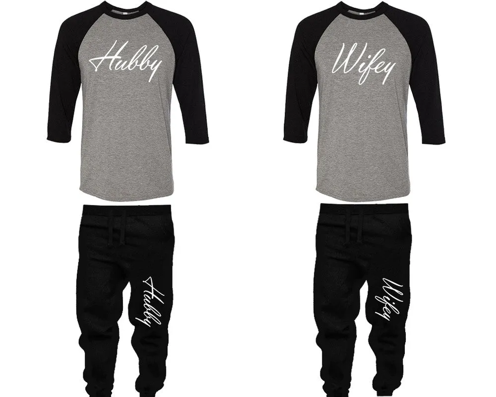 Hubby Wifey Couple Matching Baseball Shirts and Jogger Pants Top & Bottom Sets