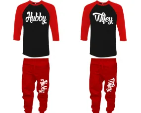 Hubby Wifey Couple Matching Baseball Shirts and Jogger Pants Top & Bottom Sets