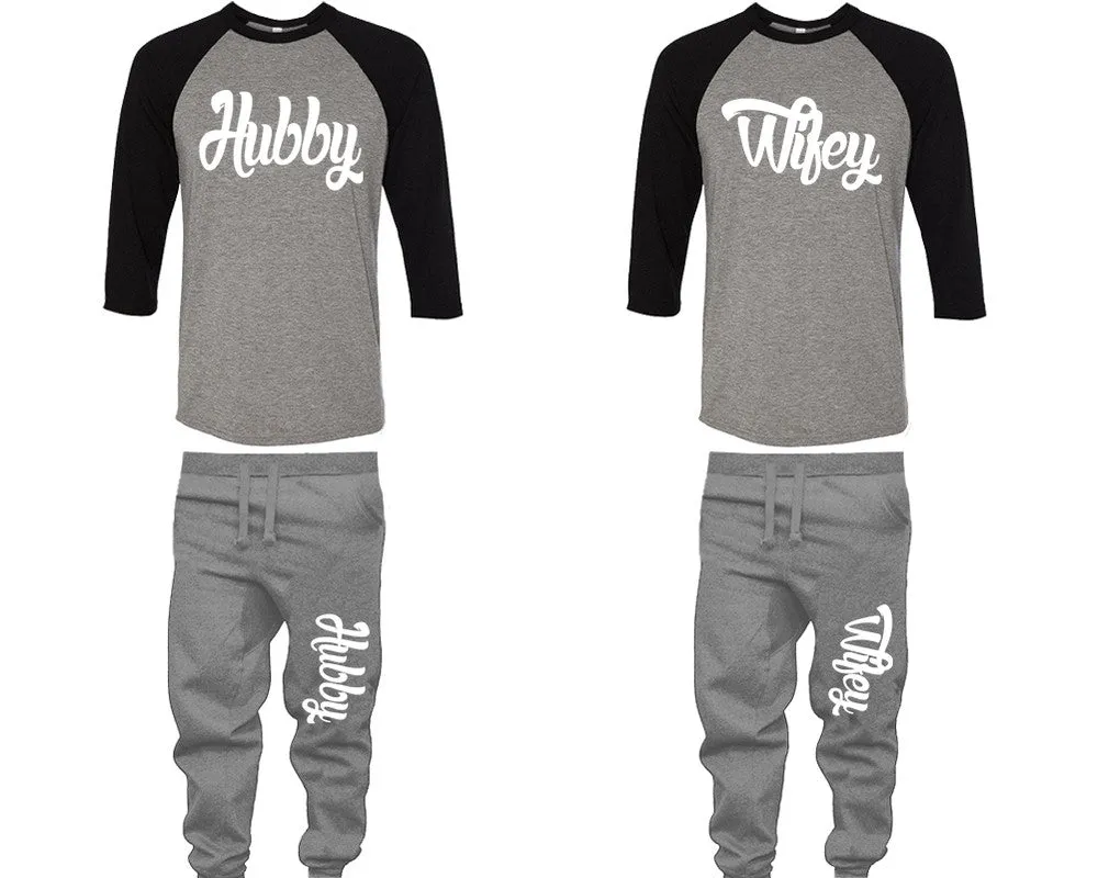 Hubby Wifey Couple Matching Baseball Shirts and Jogger Pants Top & Bottom Sets