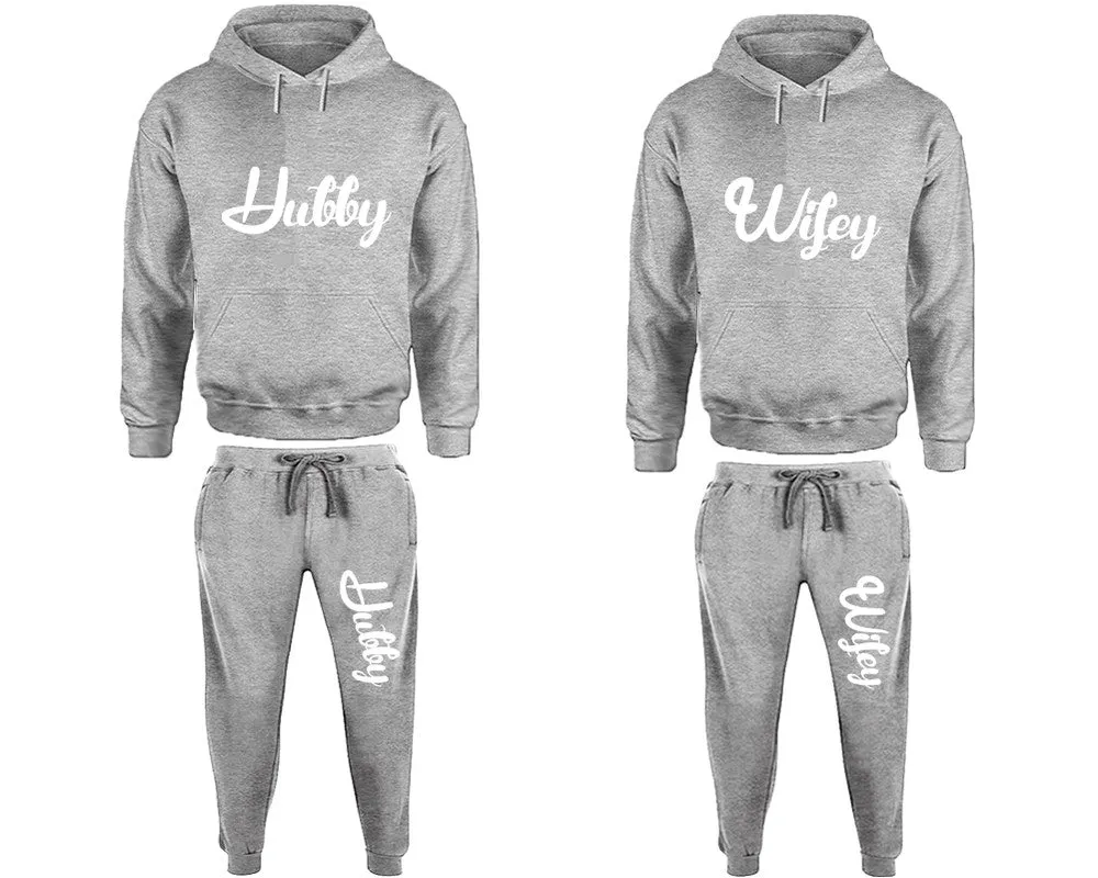 Hubby Wifey Couple Matching Pullover Hoodies and Jogger Pants Top & Bottom Sets