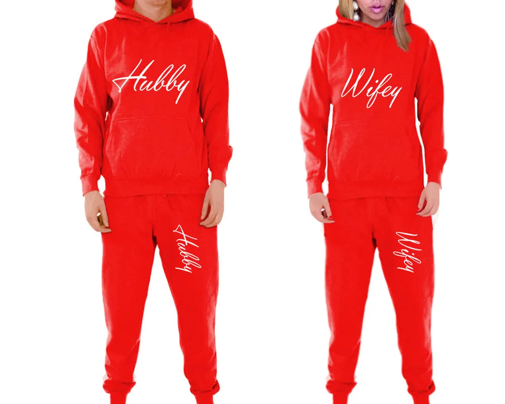 Hubby Wifey Couple Matching Pullover Hoodies and Jogger Pants Top & Bottom Sets