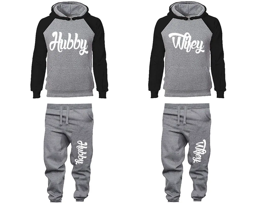 Hubby Wifey Couple Matching Raglan Hoodies and Jogger Pants Top & Bottom Sets