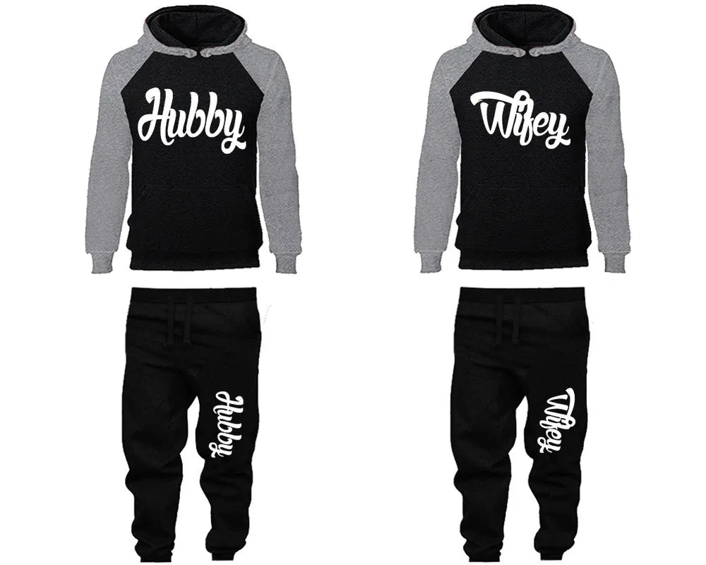 Hubby Wifey Couple Matching Raglan Hoodies and Jogger Pants Top & Bottom Sets