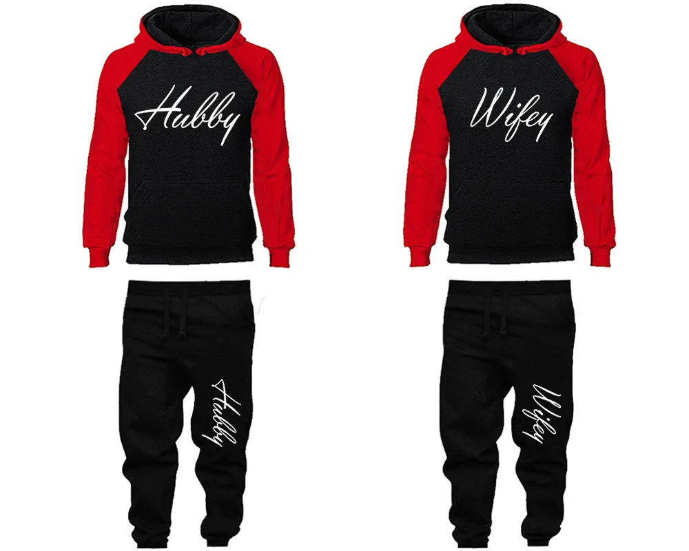 Hubby Wifey Couple Matching Raglan Hoodies and Jogger Pants Top & Bottom Sets