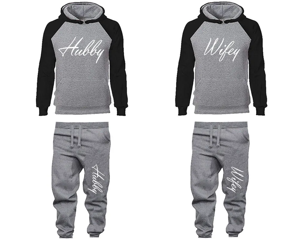 Hubby Wifey Couple Matching Raglan Hoodies and Jogger Pants Top & Bottom Sets