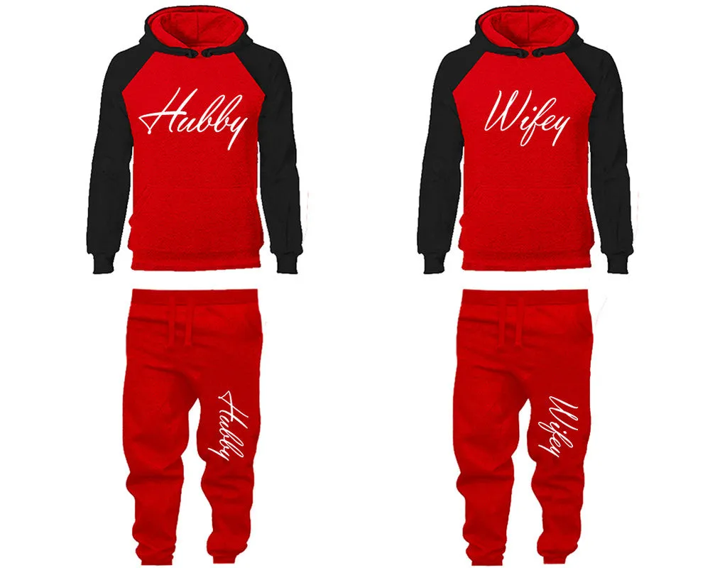 Hubby Wifey Couple Matching Raglan Hoodies and Jogger Pants Top & Bottom Sets