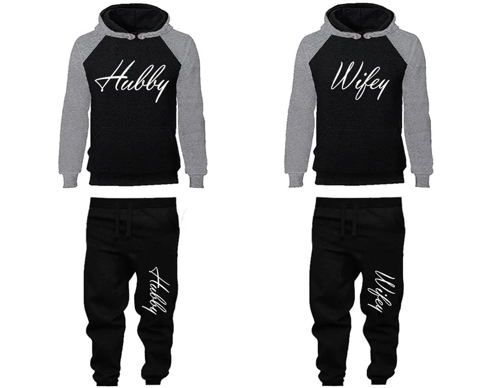 Hubby Wifey Couple Matching Raglan Hoodies and Jogger Pants Top & Bottom Sets