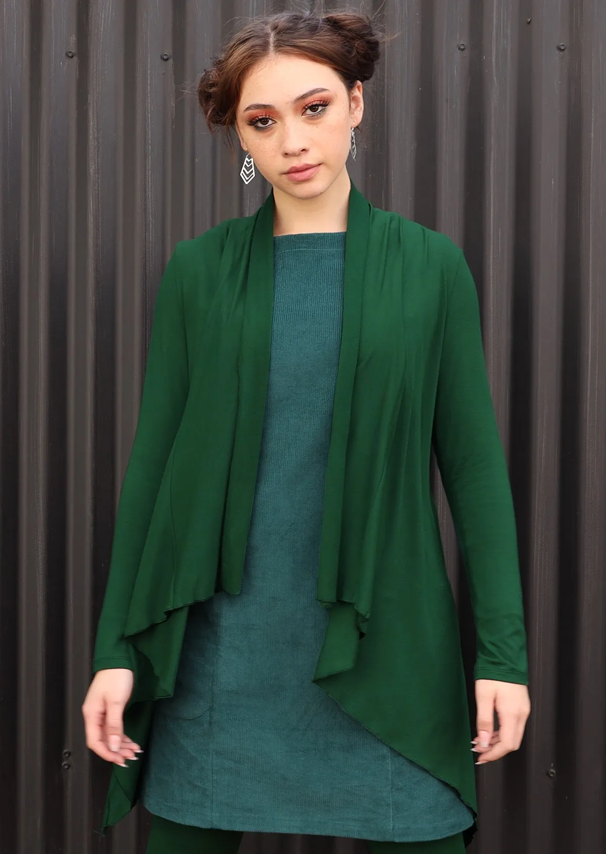 Irregular Hem Stretch Cardi Forest Green