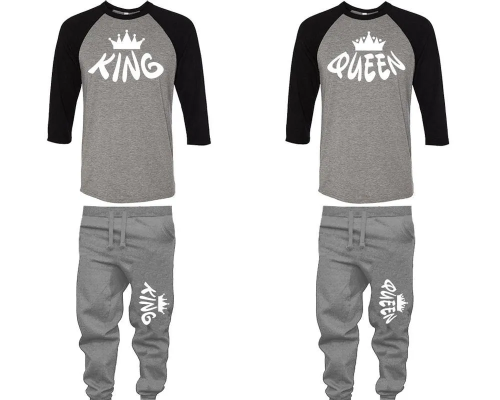 King Queen Couple Baseball Shirt and Jogger Pants, Matching Top Bottom Set