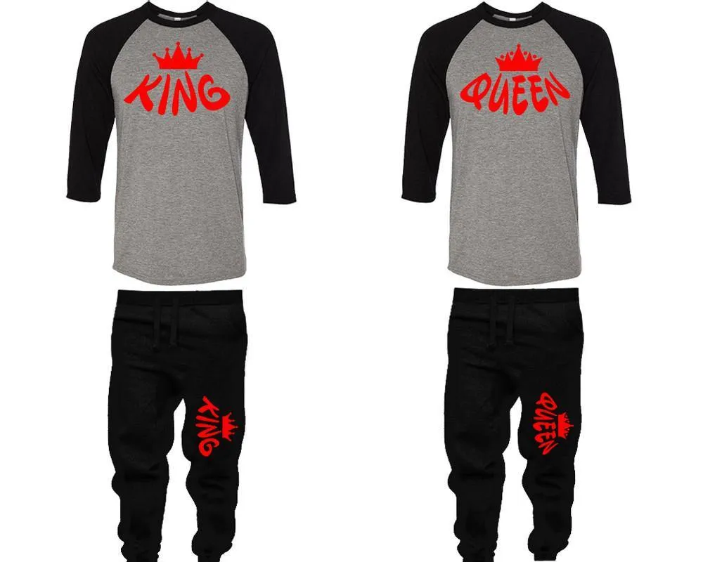 King Queen Couple Baseball Shirt and Jogger Pants, Matching Top Bottom Set