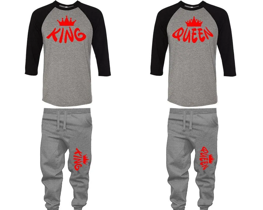 King Queen Couple Baseball Shirt and Jogger Pants, Matching Top Bottom Set