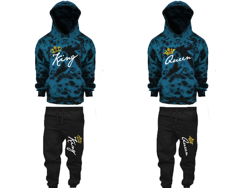 King Queen Couple Matching Tie Dye Hoodies and Fleece Jogger Pants Sets