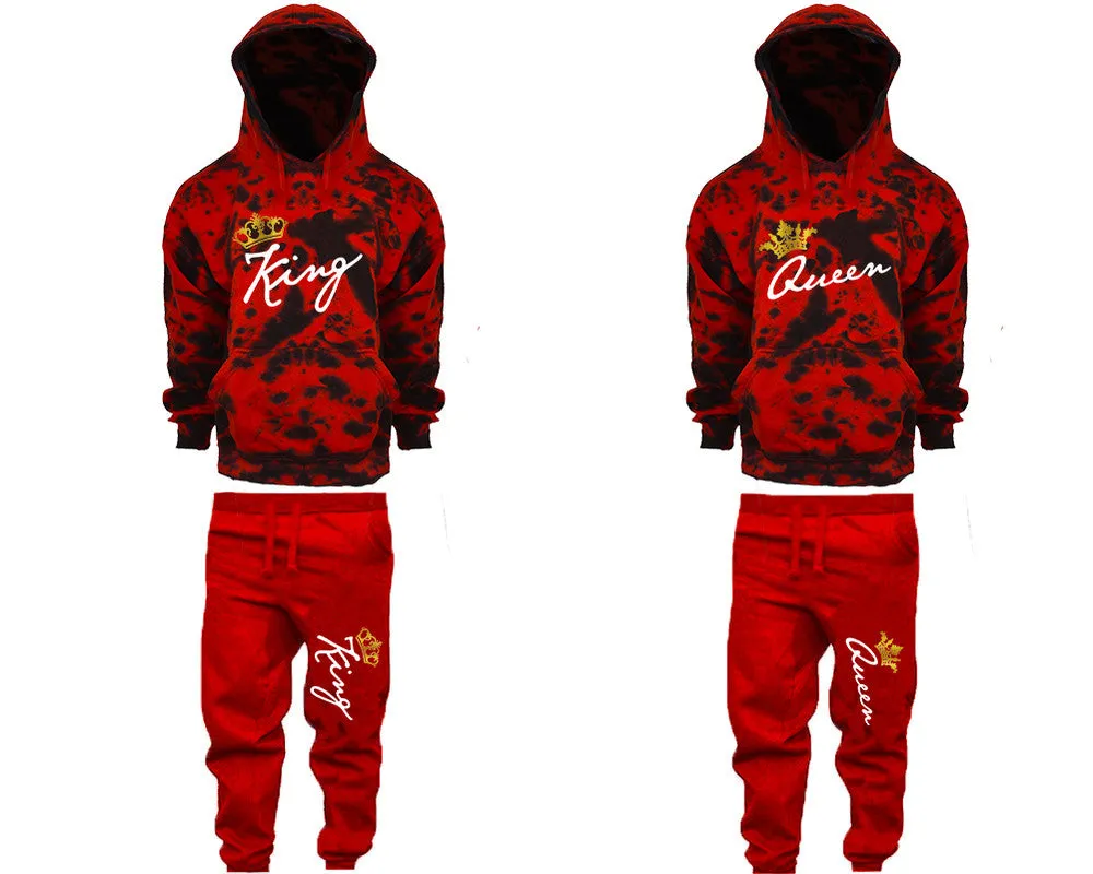 King Queen Couple Matching Tie Dye Hoodies and Fleece Jogger Pants Sets