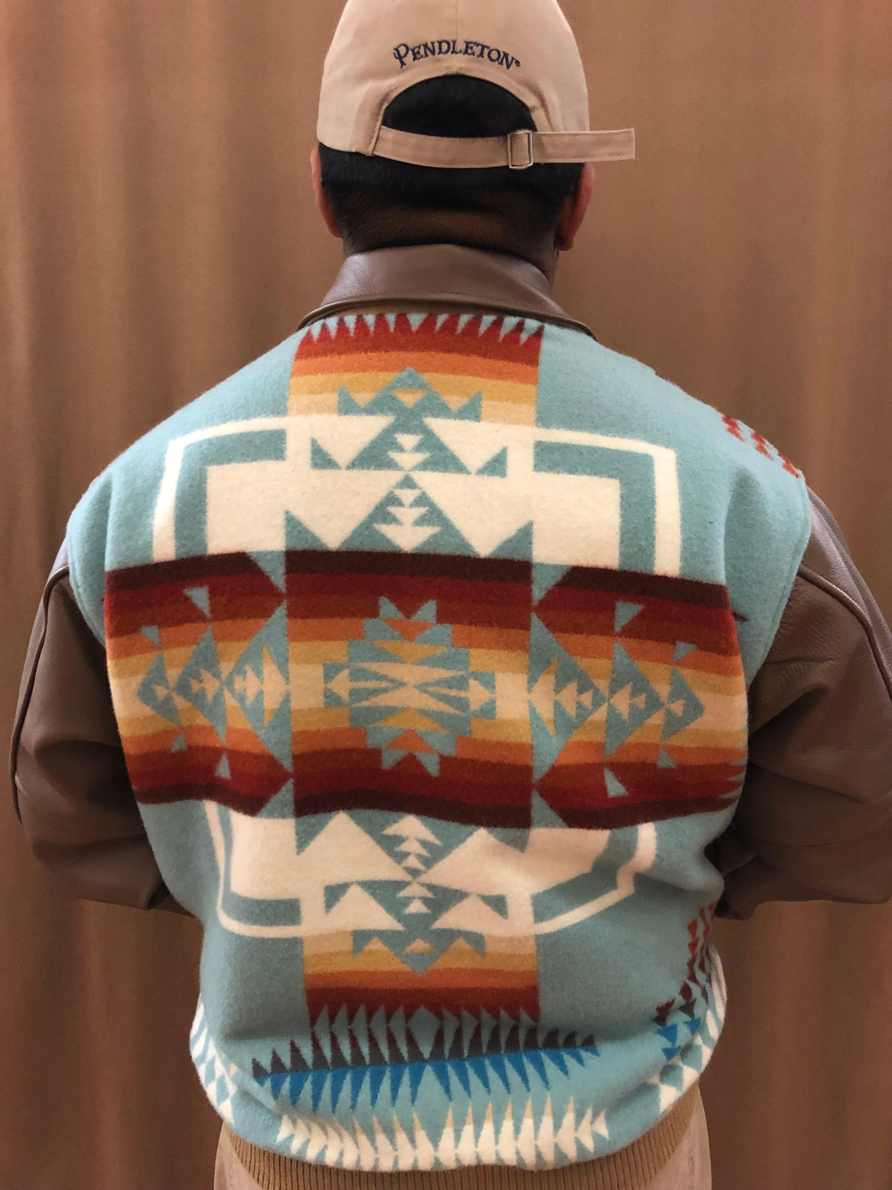 Kraffs Bomber Jacket, Chief Joseph Aqua with Napa Leather Sleeves and Collar