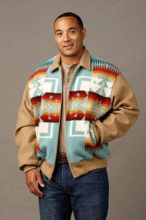 Kraffs Bomber Jacket, Chief Joseph Aqua, with Tan Melton Wool Sleeves