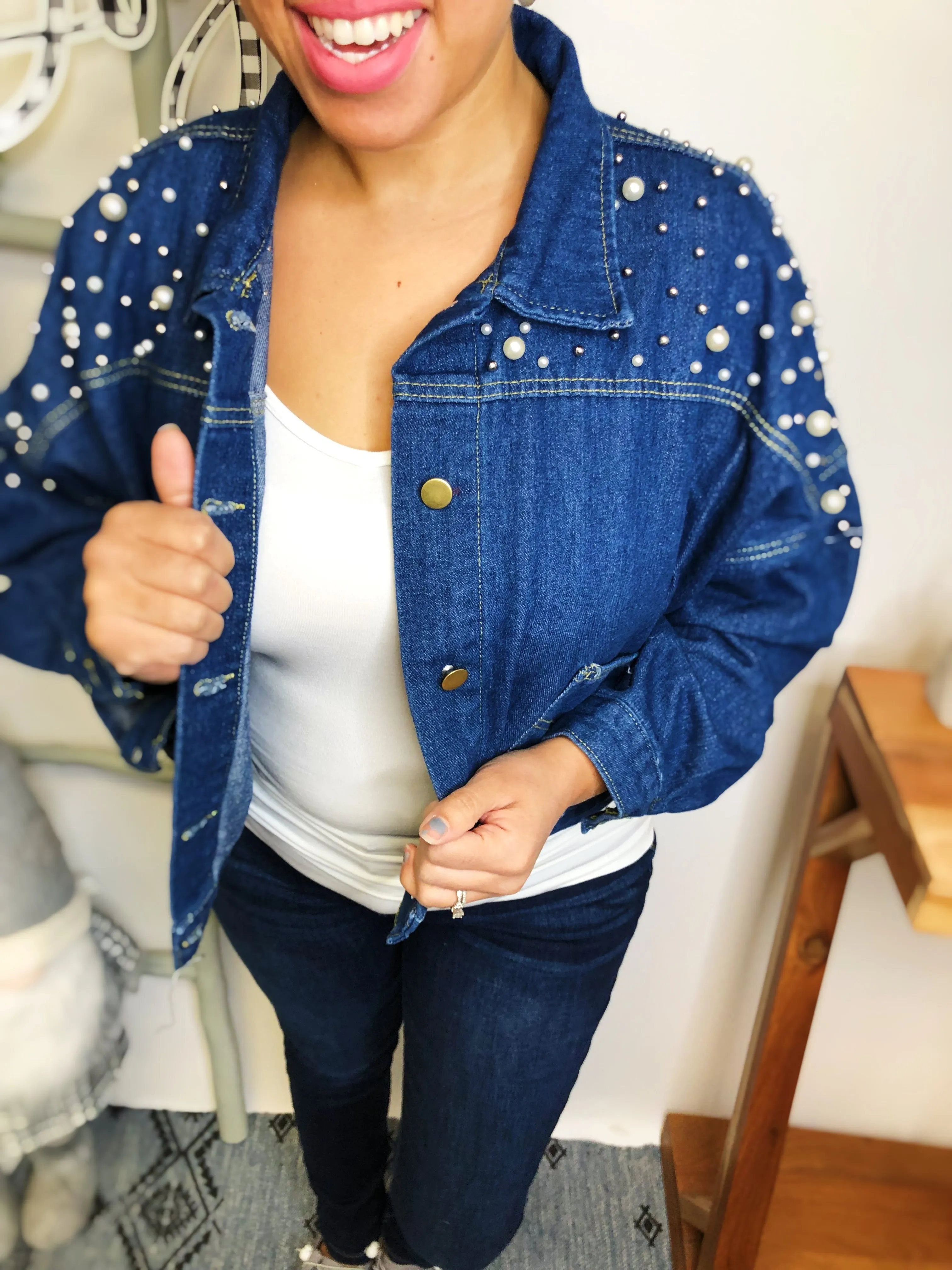 #L835 Texas Pearls Cropped Jacket (Dark Denim)