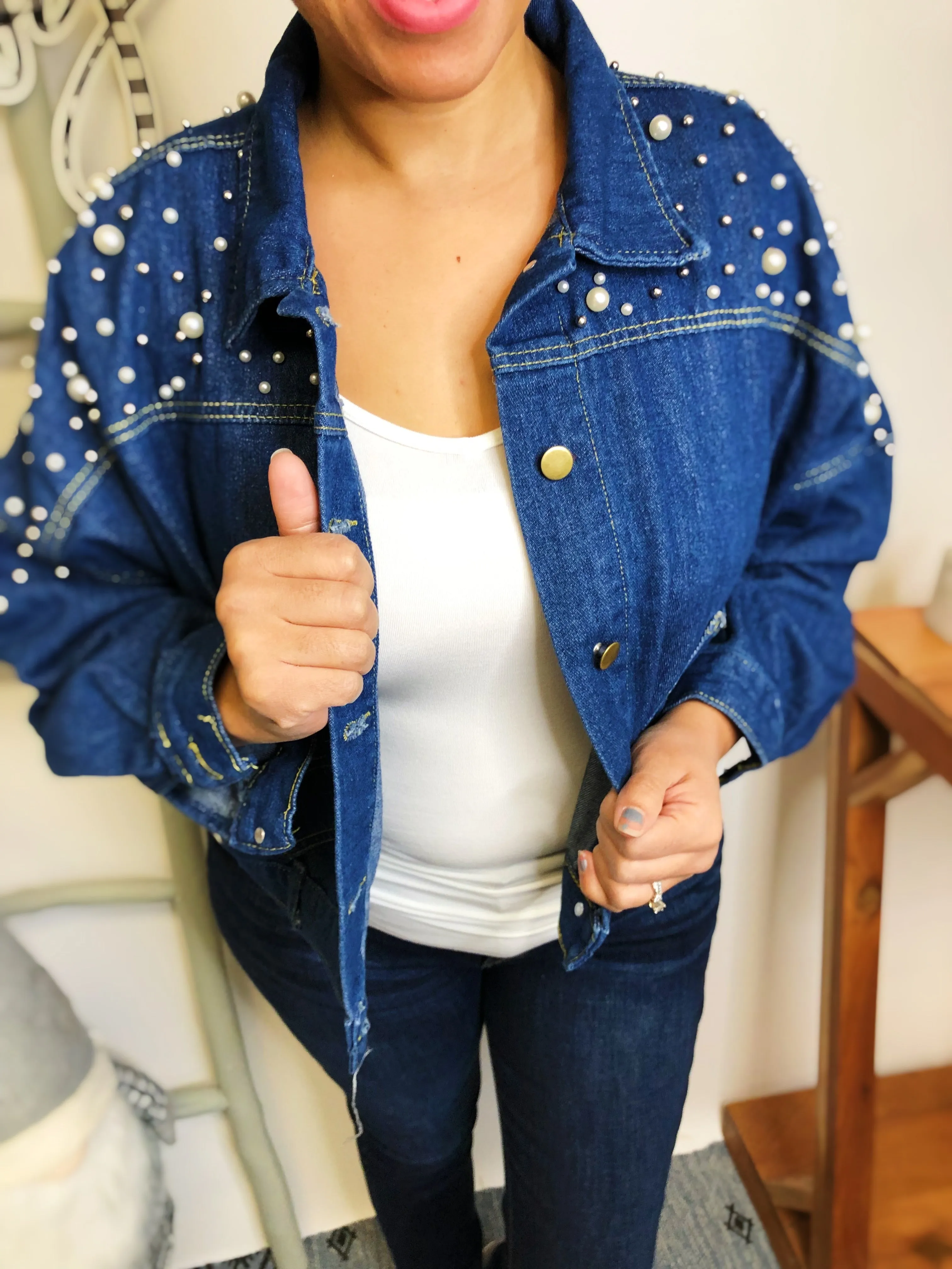 #L835 Texas Pearls Cropped Jacket (Dark Denim)