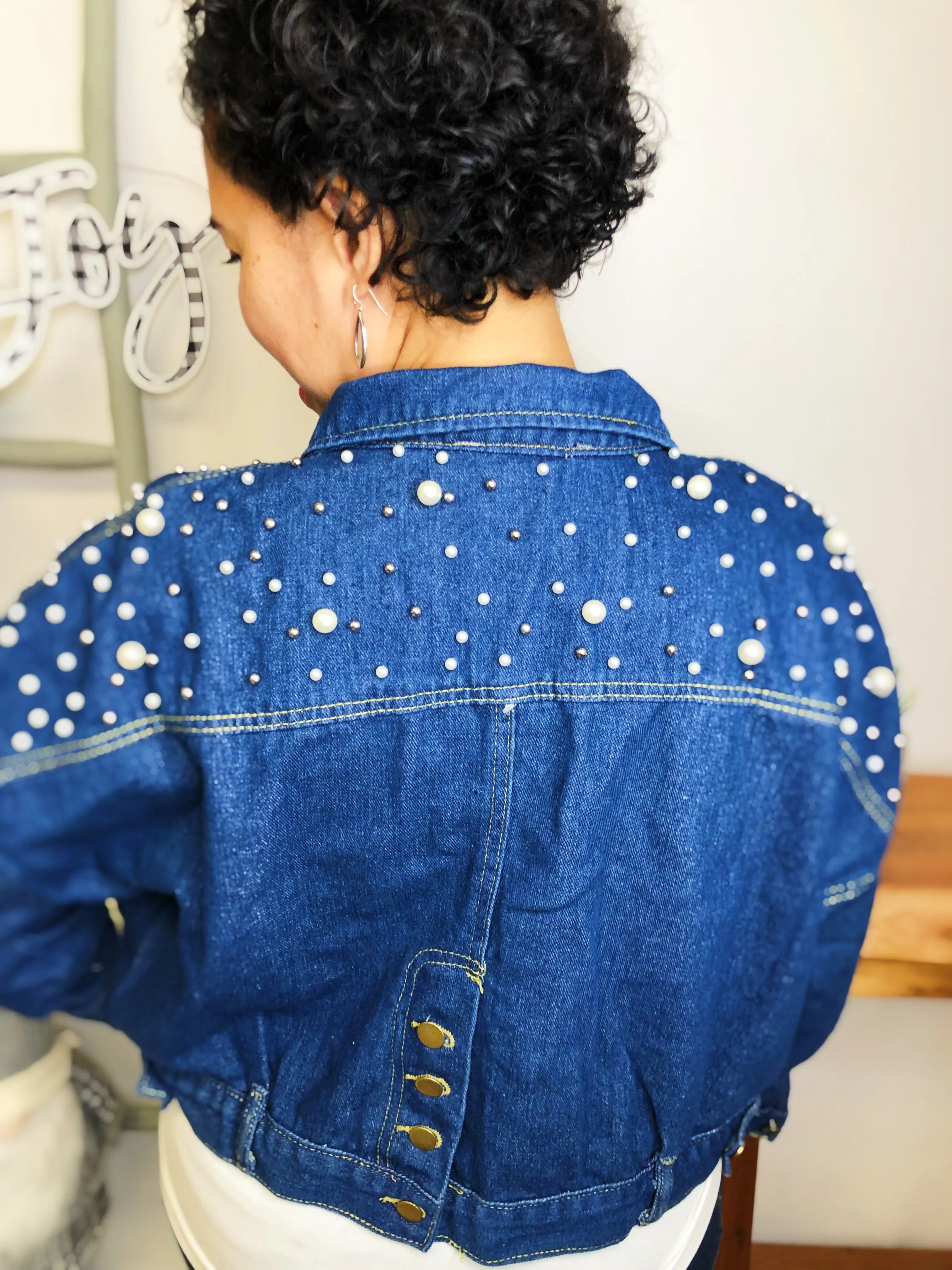 #L835 Texas Pearls Cropped Jacket (Dark Denim)