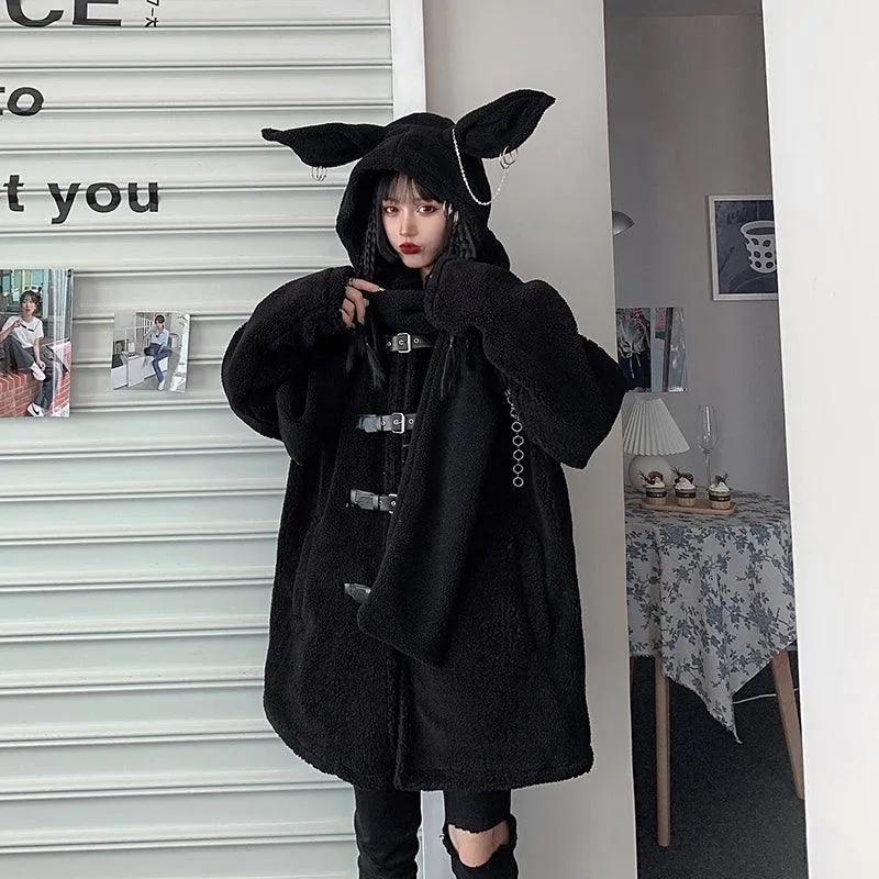 Lamb Fur Coat & Fluffy Rabbit Ears Scarf