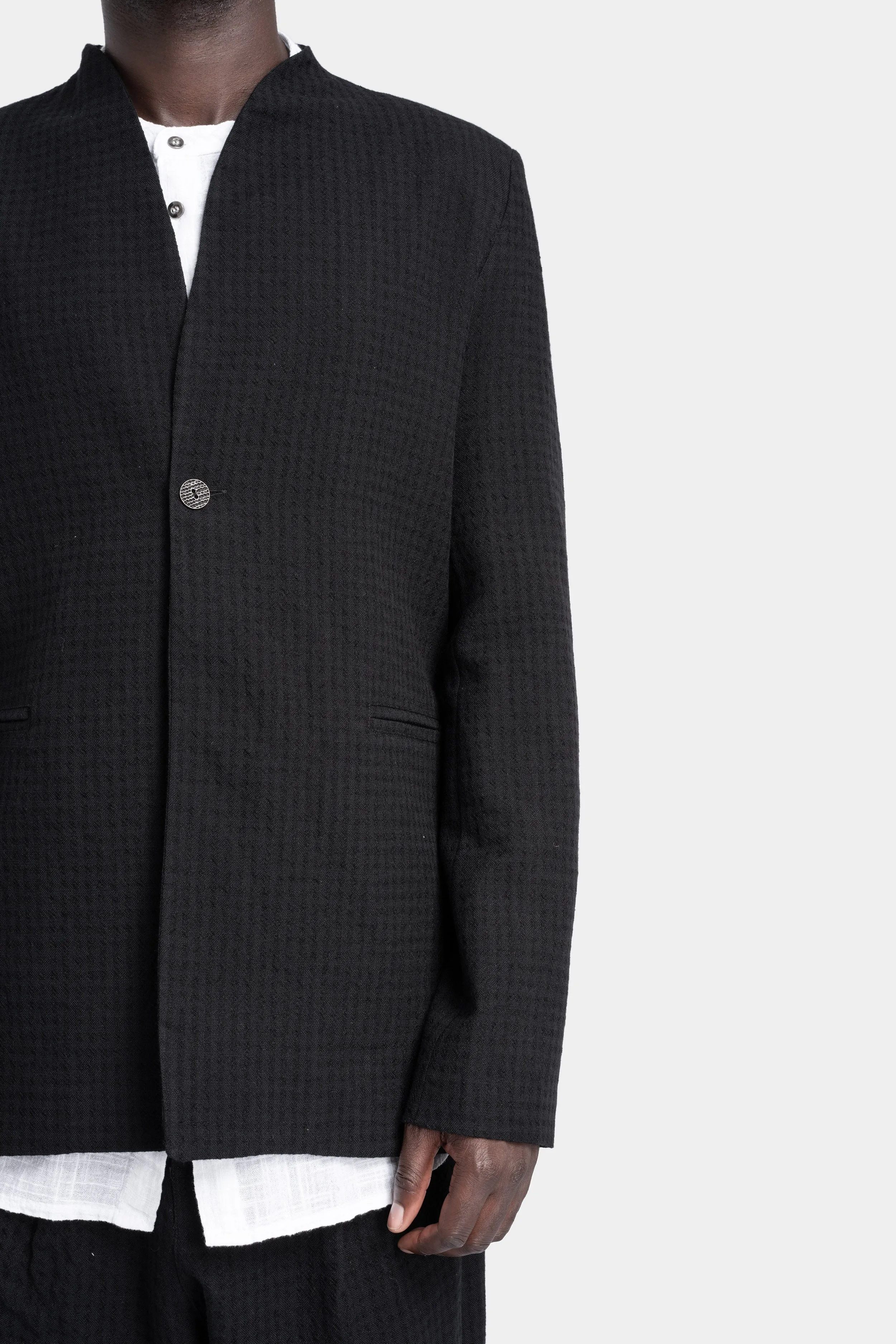 Lapel-less collar wool blend jacket