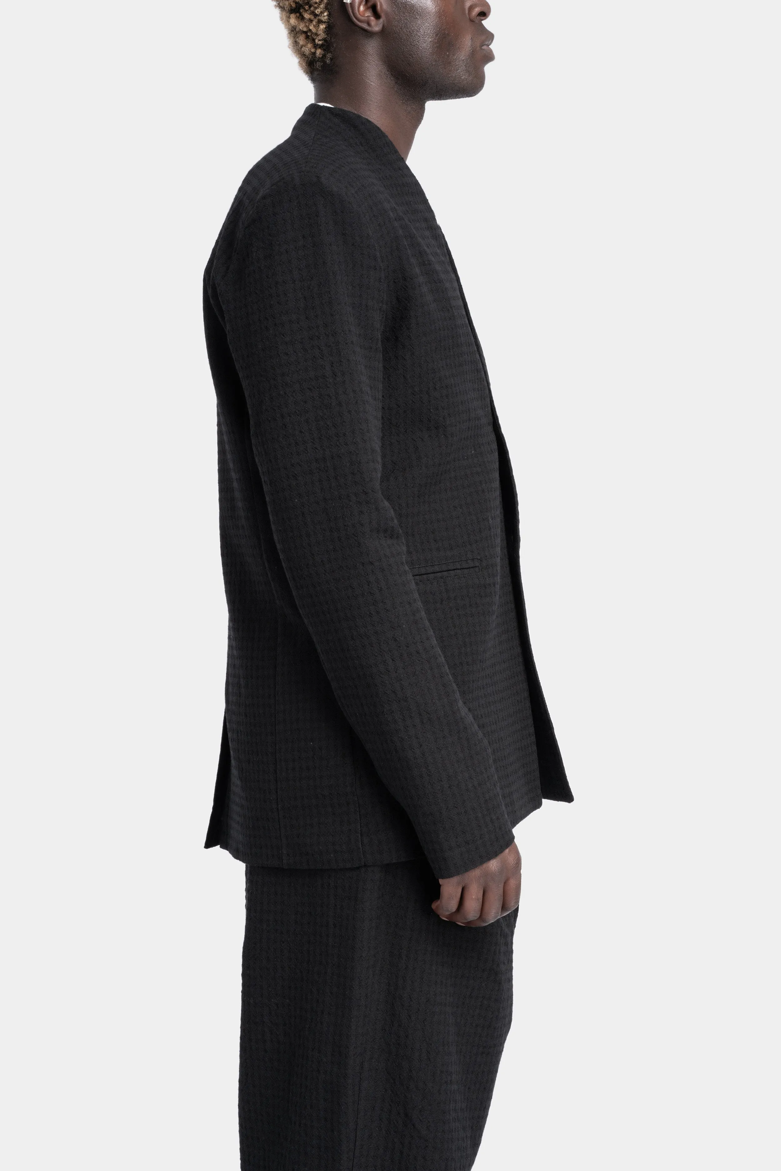 Lapel-less collar wool blend jacket