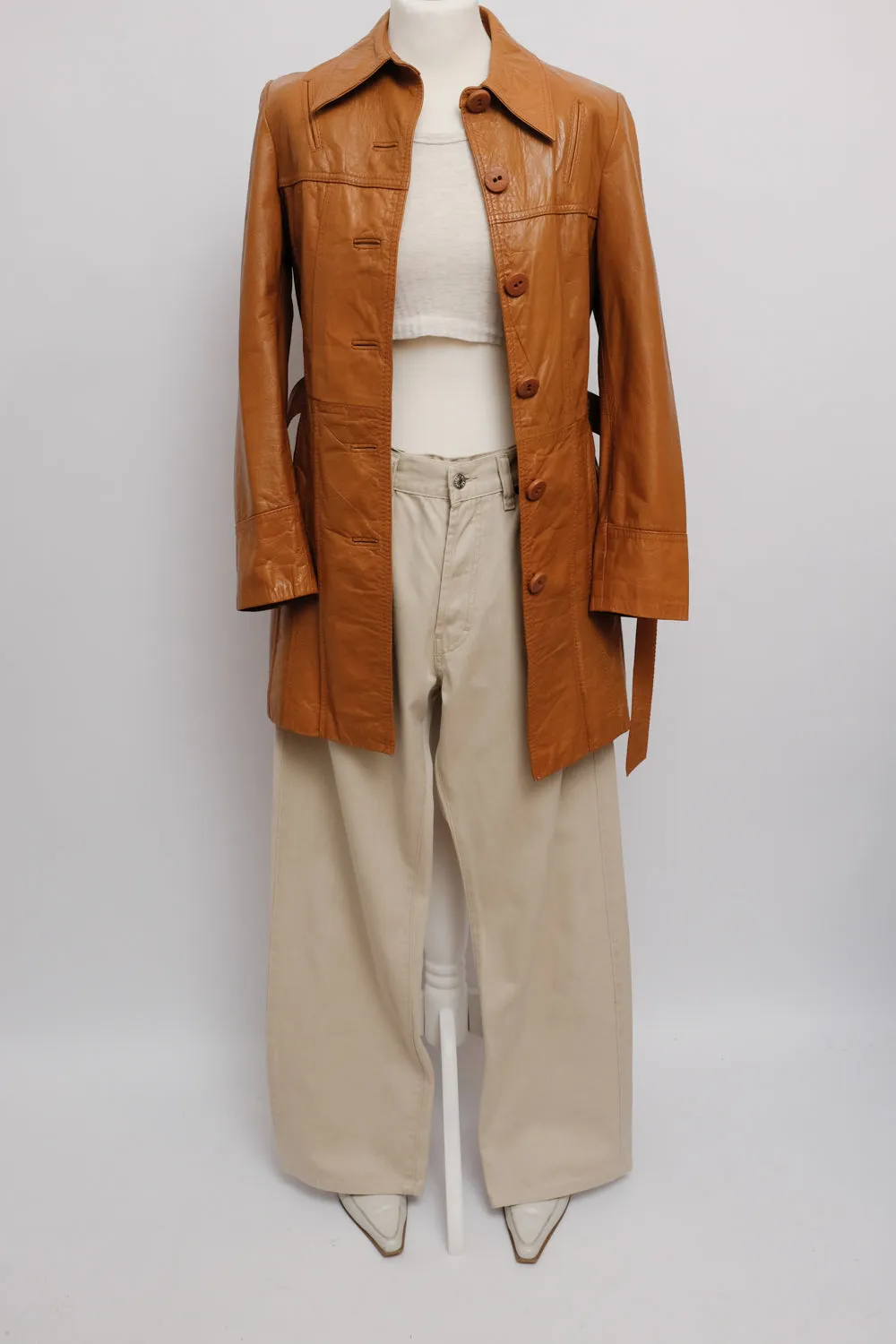 LEATHER CARAMEL BELTED 70's VINTAGE COAT