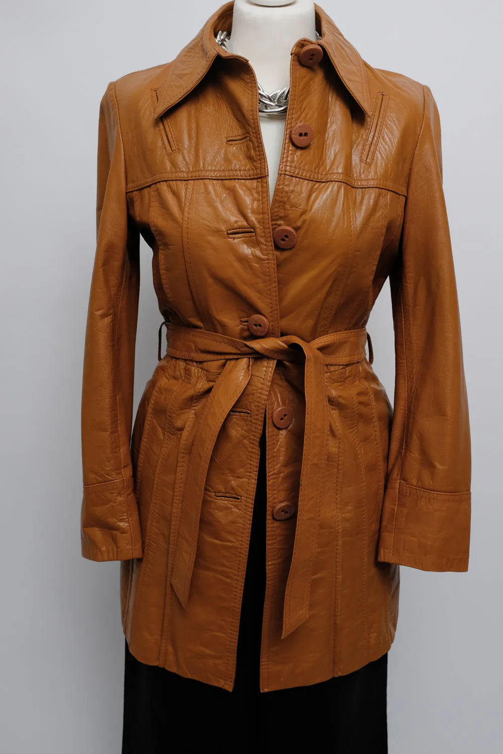 LEATHER CARAMEL BELTED 70's VINTAGE COAT