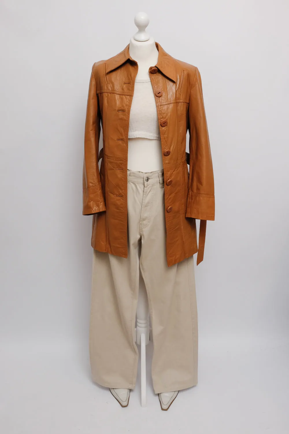 LEATHER CARAMEL BELTED 70's VINTAGE COAT