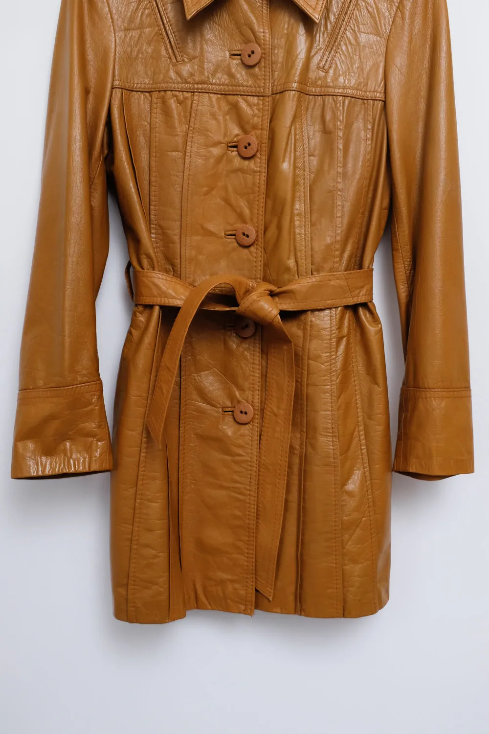 LEATHER CARAMEL BELTED 70's VINTAGE COAT