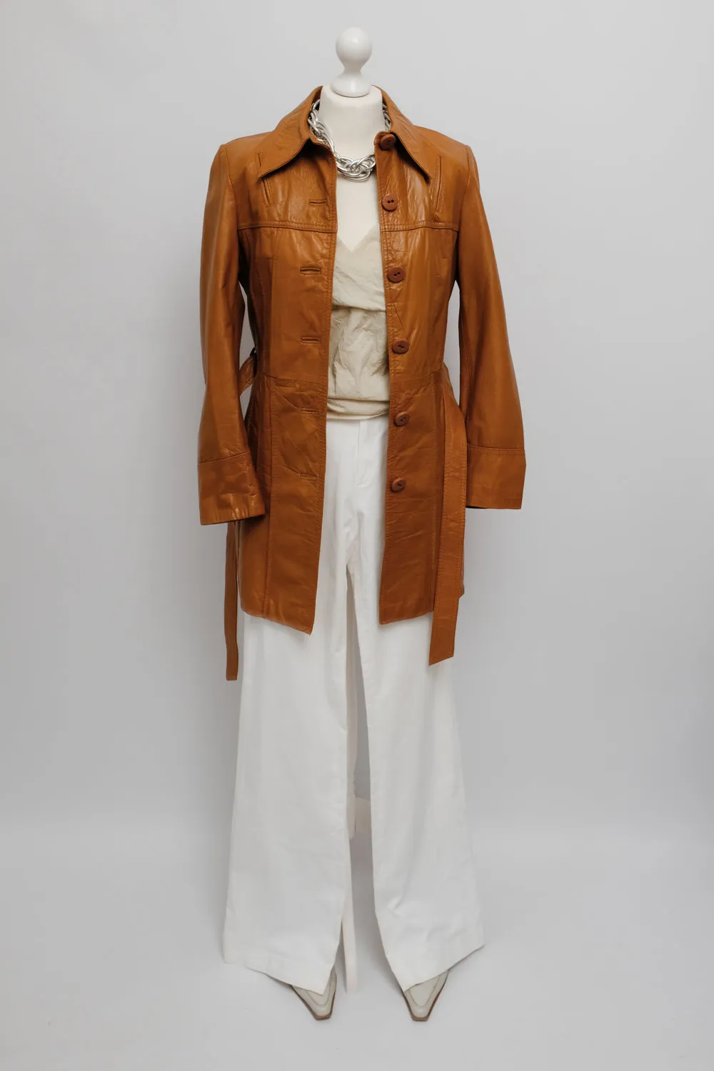 LEATHER CARAMEL BELTED 70's VINTAGE COAT