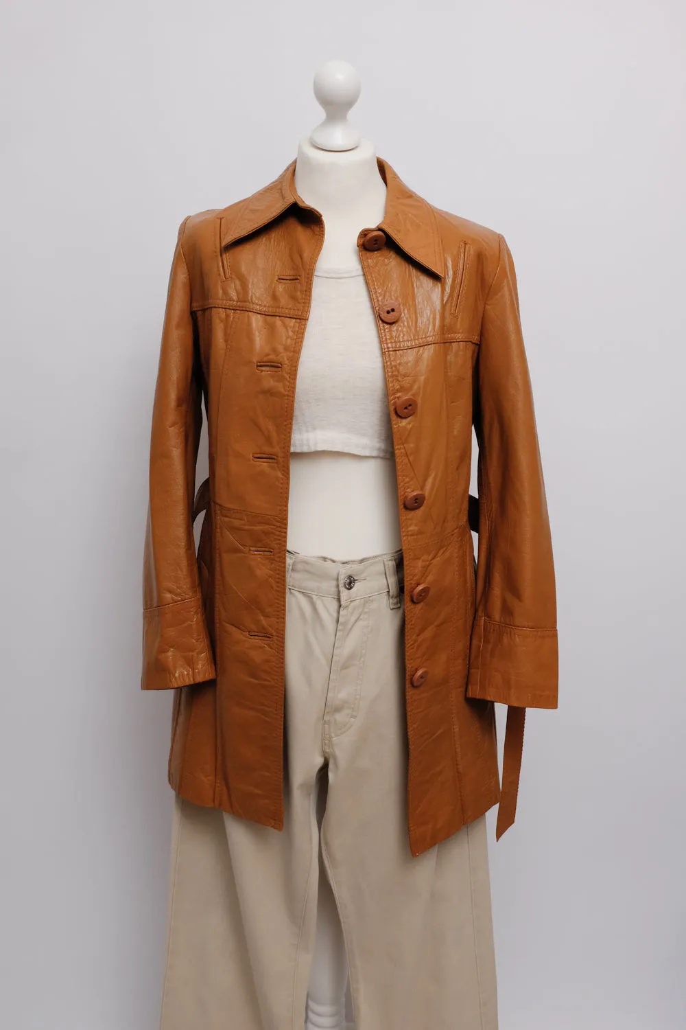 LEATHER CARAMEL BELTED 70's VINTAGE COAT