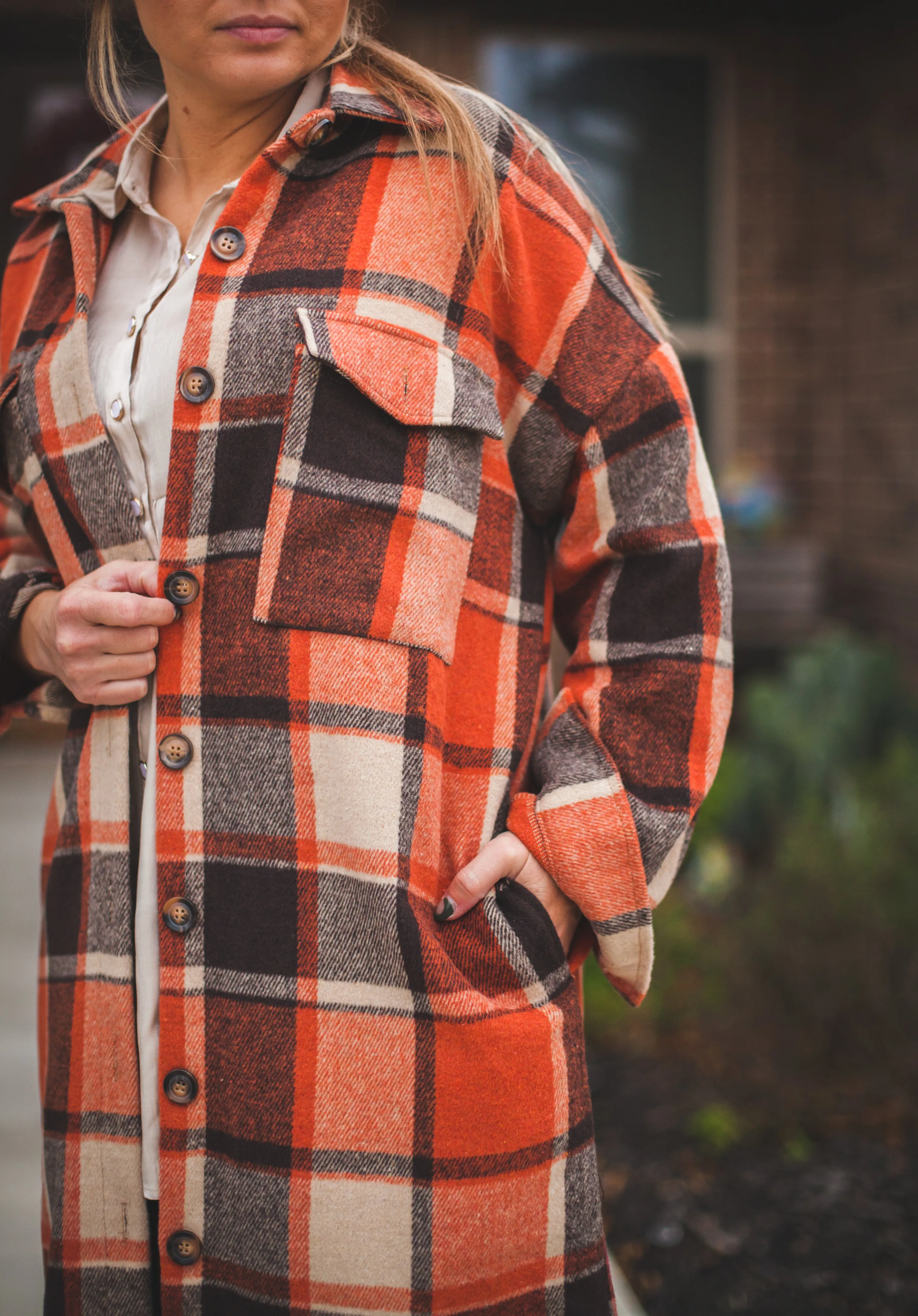 Long Rust Plaid Shirt Jacket