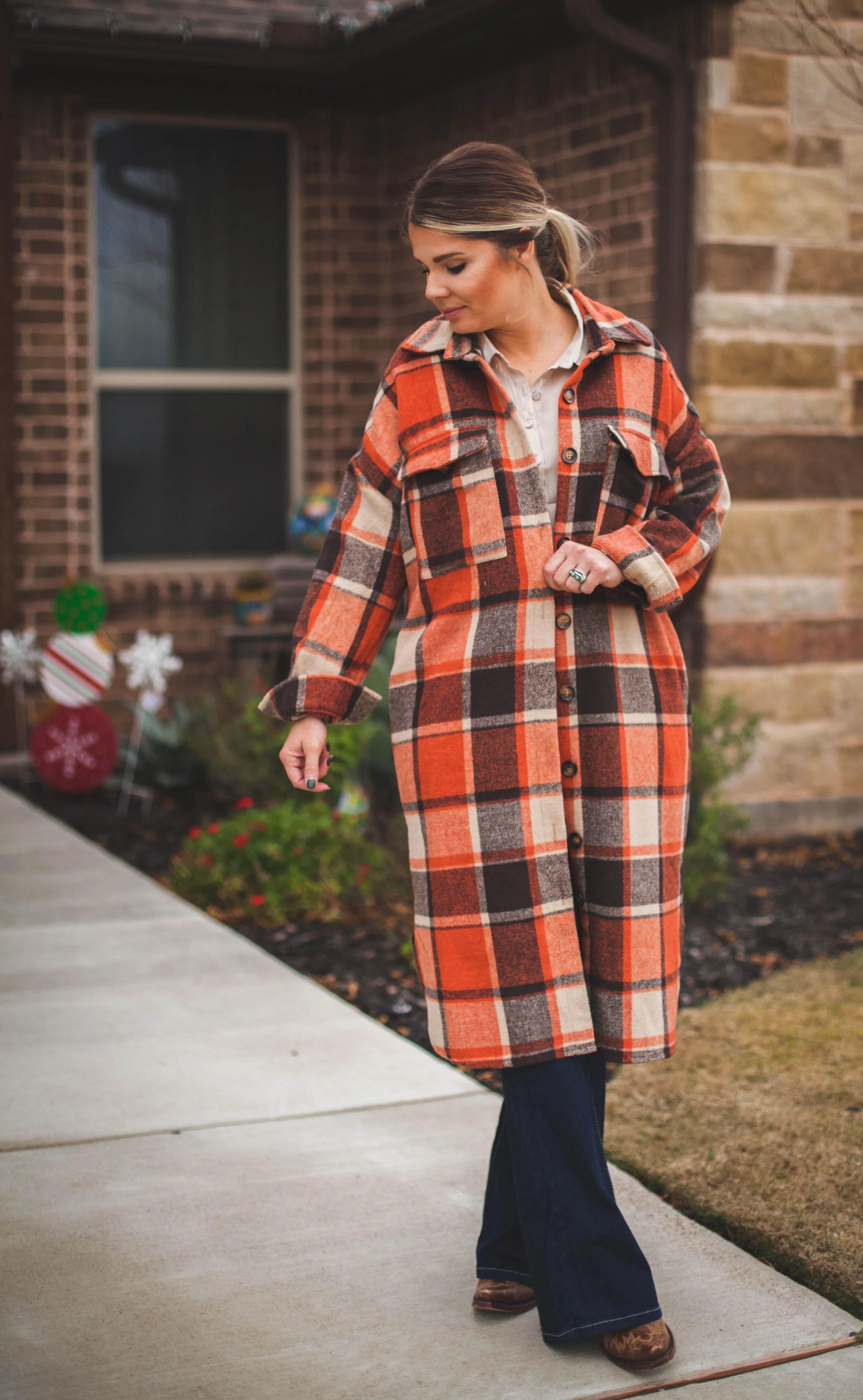 Long Rust Plaid Shirt Jacket