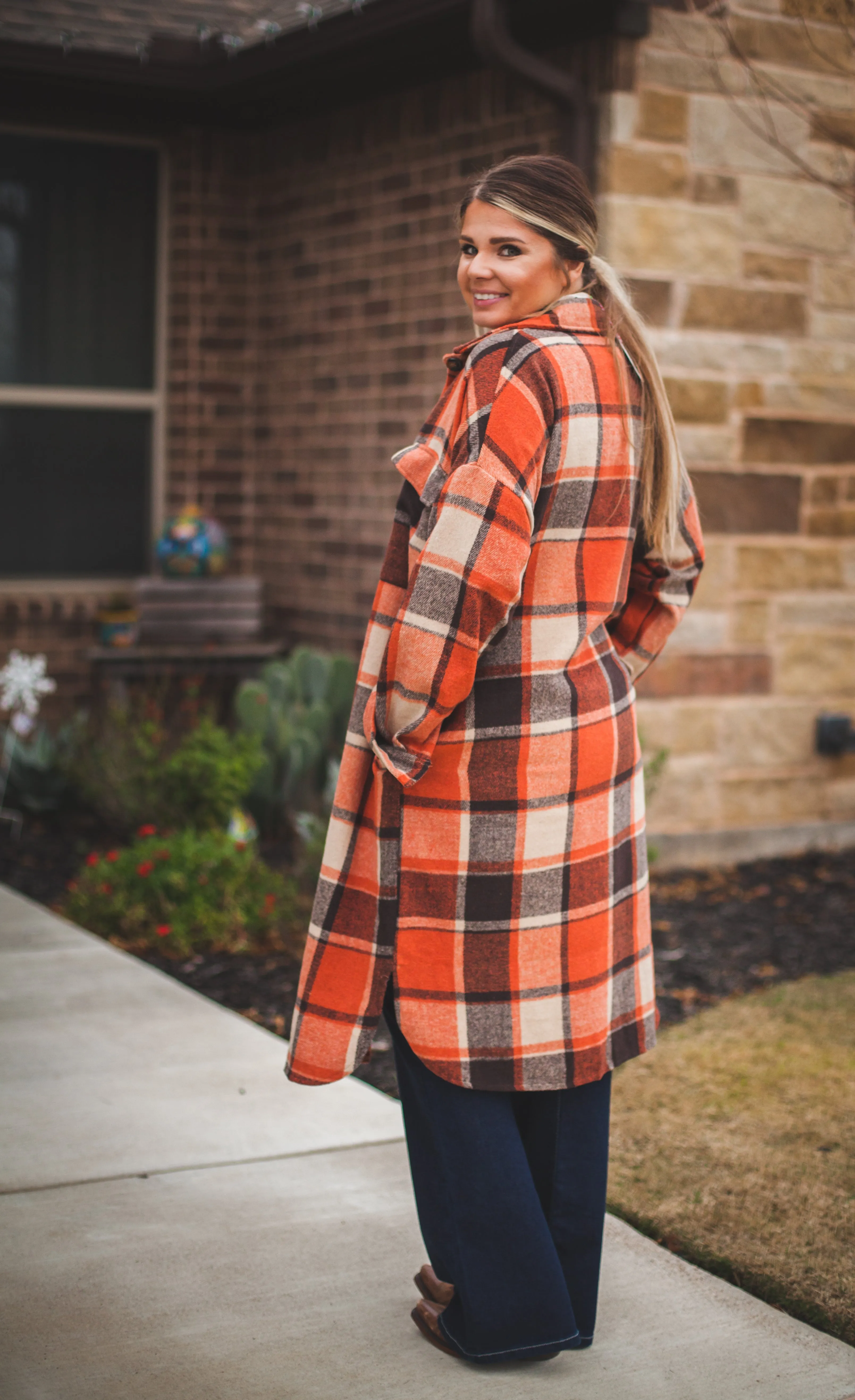 Long Rust Plaid Shirt Jacket