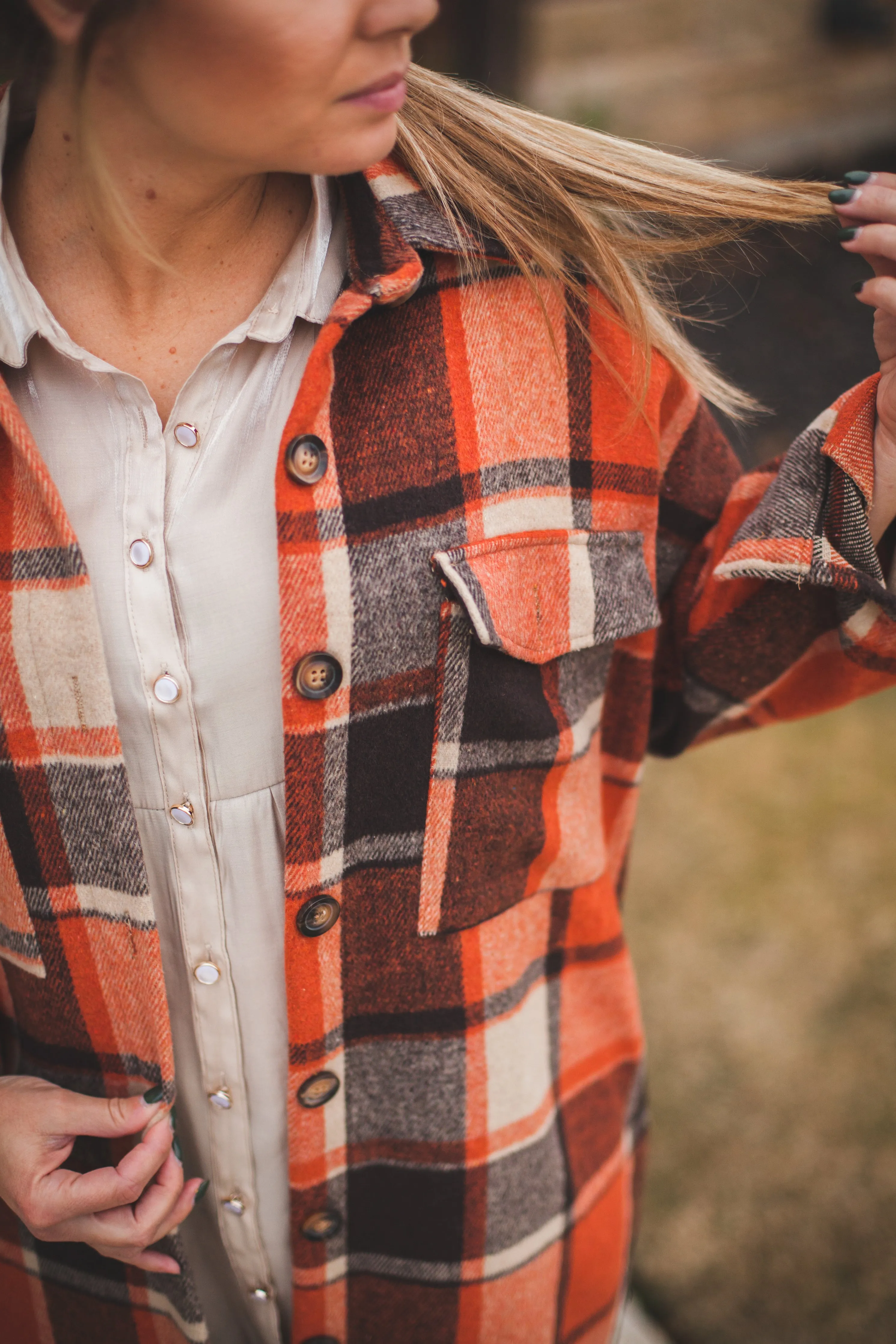 Long Rust Plaid Shirt Jacket