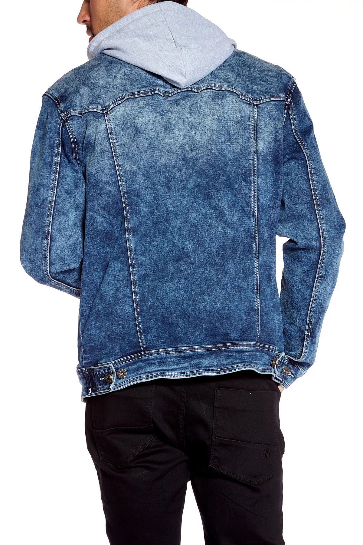 Men's Denim Jacket With Built-In Hood - Medium Blue Acid Wash