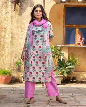 Off-white & Pink Block Print Cotton Kurta Pant Set ( Set of 3 )